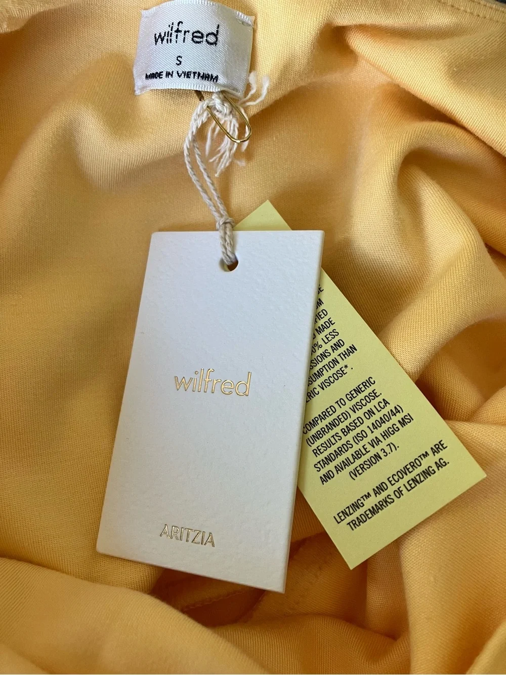 Wilfred Aritzia Saturn Mini Dress Size S Orange Yellow Square Neck Draped Wrap - Picture 6 of 13